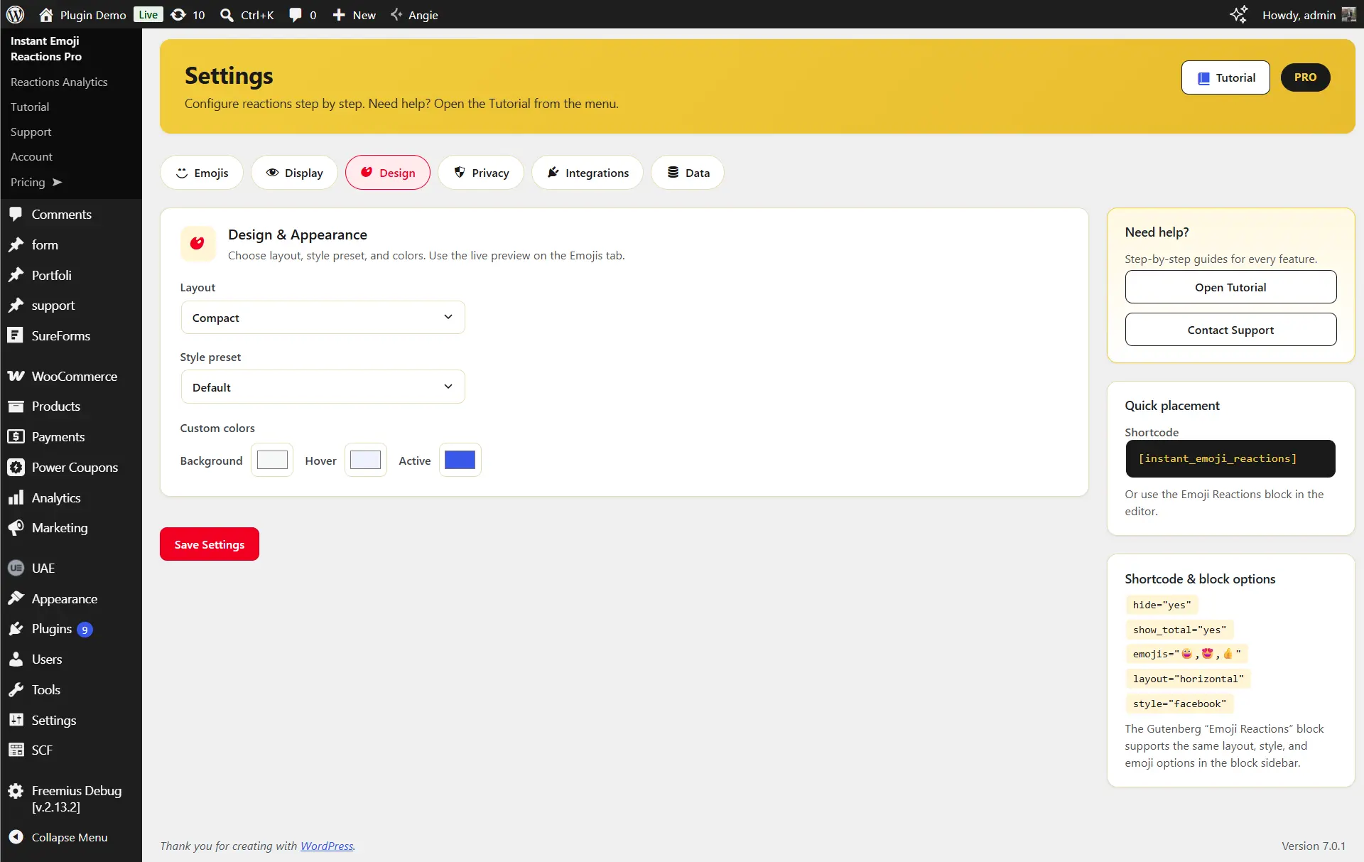 Design settings for WordPress emoji reaction bar — layouts, style presets and live preview in Instant Emoji Reactions Pro