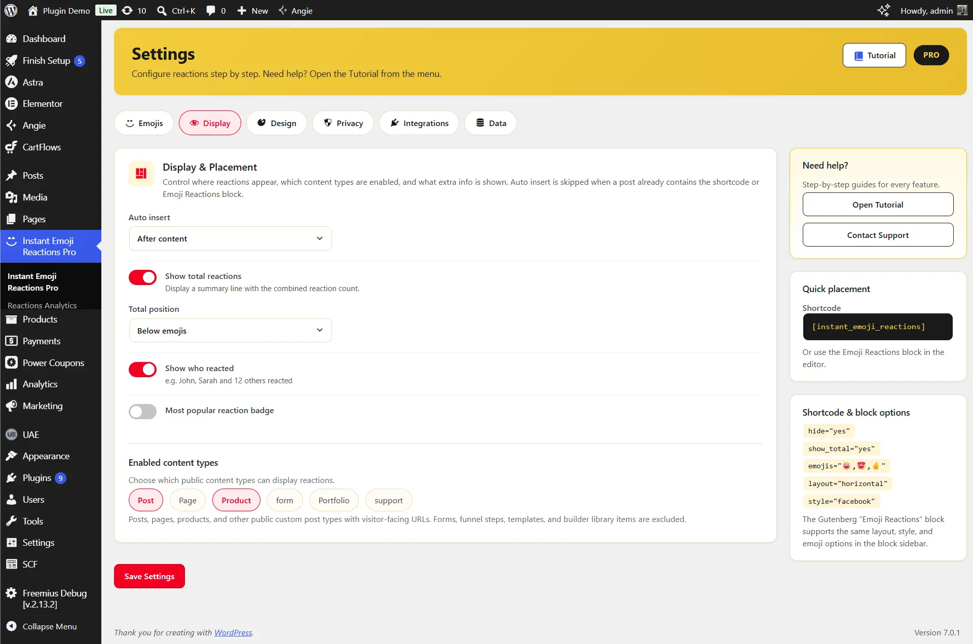Display settings to auto-place WordPress emoji reactions on posts, pages and WooCommerce products