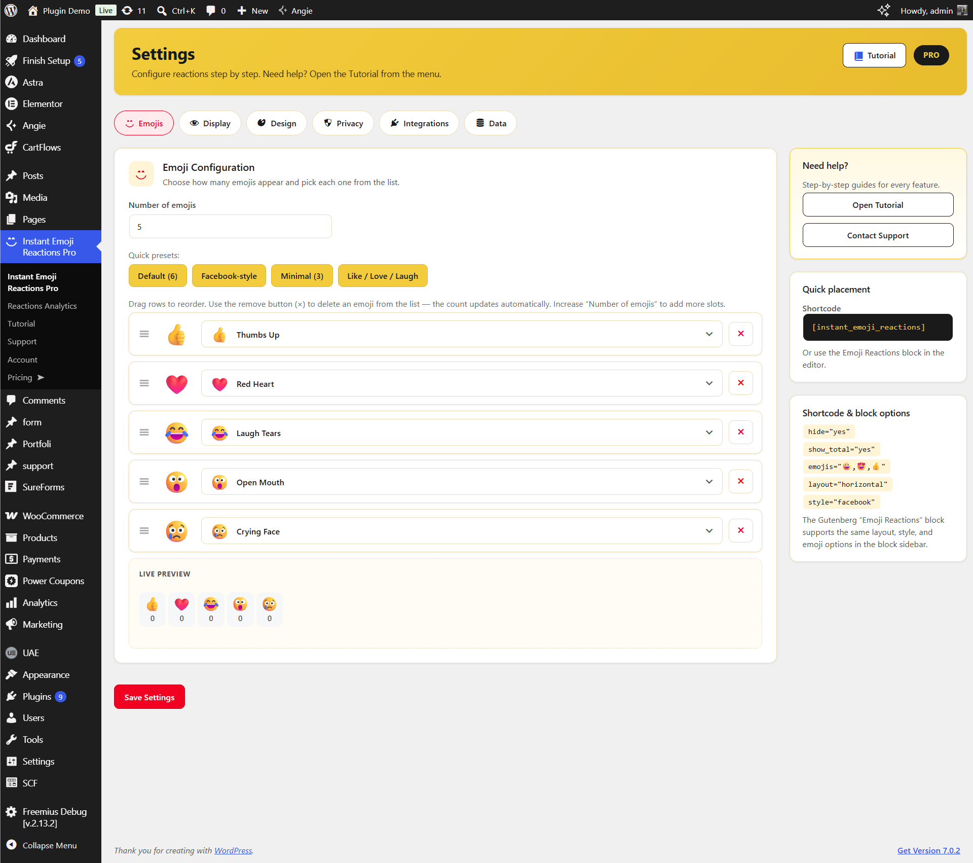 WordPress emoji reactions plugin settings — choose and reorder custom emoji sets in Instant Emoji Reactions Pro