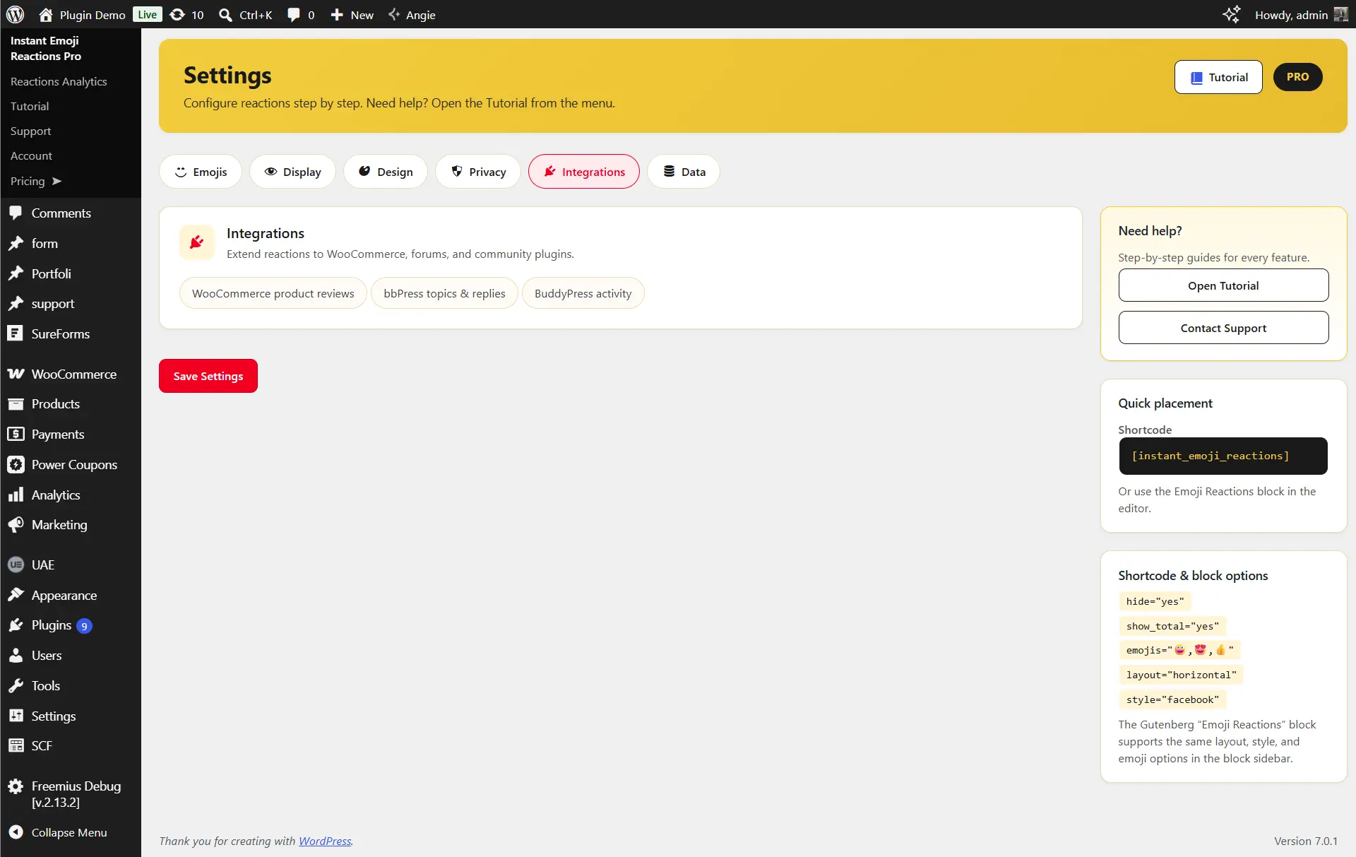 WooCommerce, bbPress and BuddyPress integration settings for Instant Emoji Reactions Pro